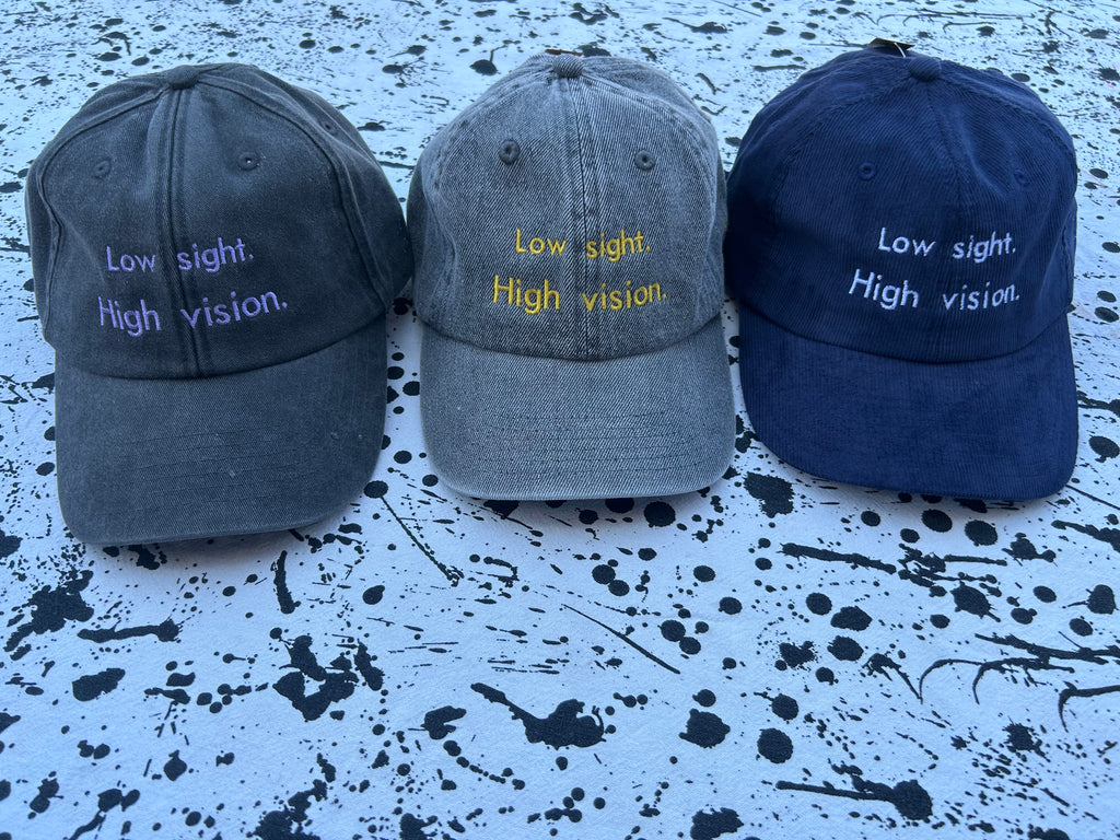 Low sight. High vision. Acid denim 100% cotton cap with yellow embroidery.