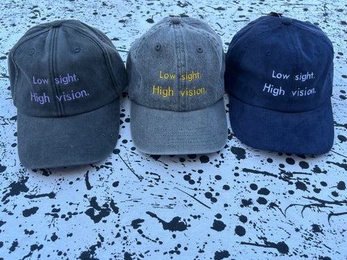 Low sight. High vision. Acid denim 100% cotton cap with yellow embroidery.